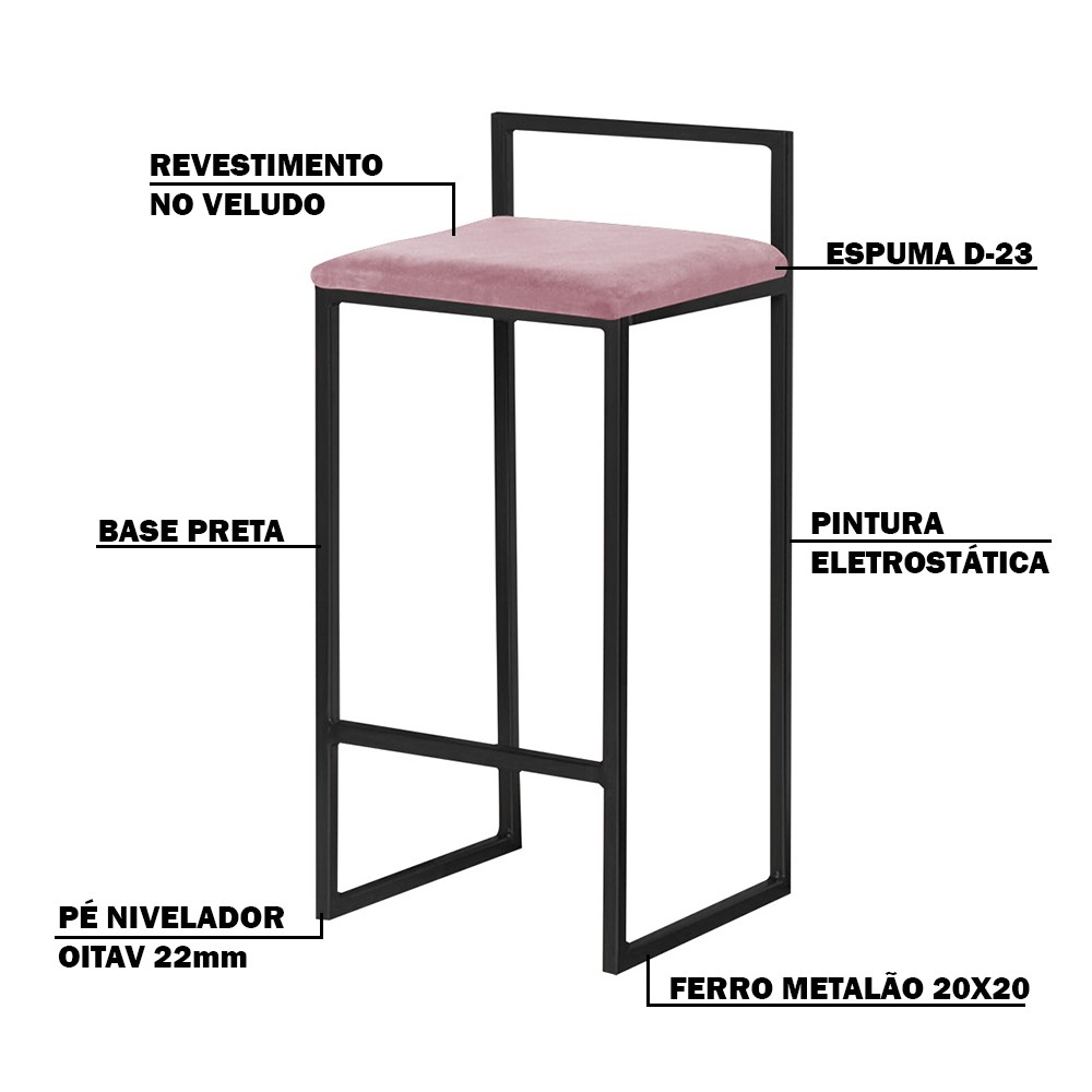 Kit 2 Banquetas Decorativa Jasmine Base Preto Veludo Rosê G41 - Gran Belo