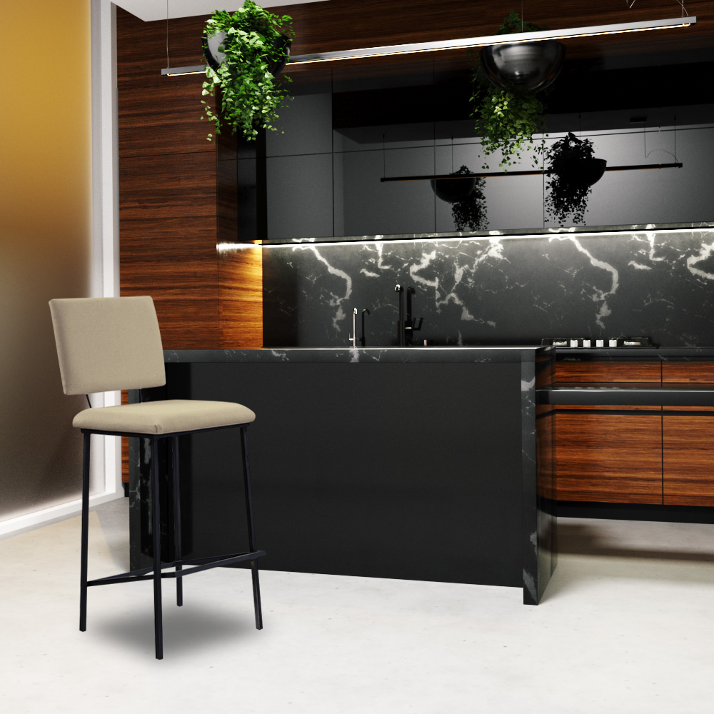Kit 2 Banquetas Fixa Decorativa Base de Aço Marcius Linho Bege G17 - Gran Belo
