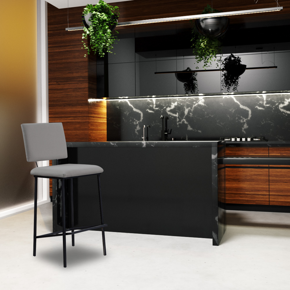 Kit 2 Banquetas Fixa Decorativa Base de Aço Marcius Linho Cinza G17 - Gran Belo