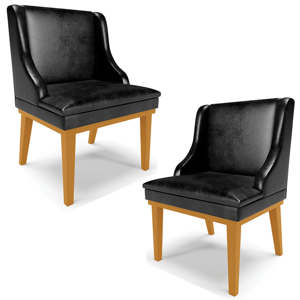 Kit 2 Cadeiras Decorativas Sala de Jantar Base Fixa de Madeira Firenze PU Preto Brilho/Castanho G19 - Gran Belo