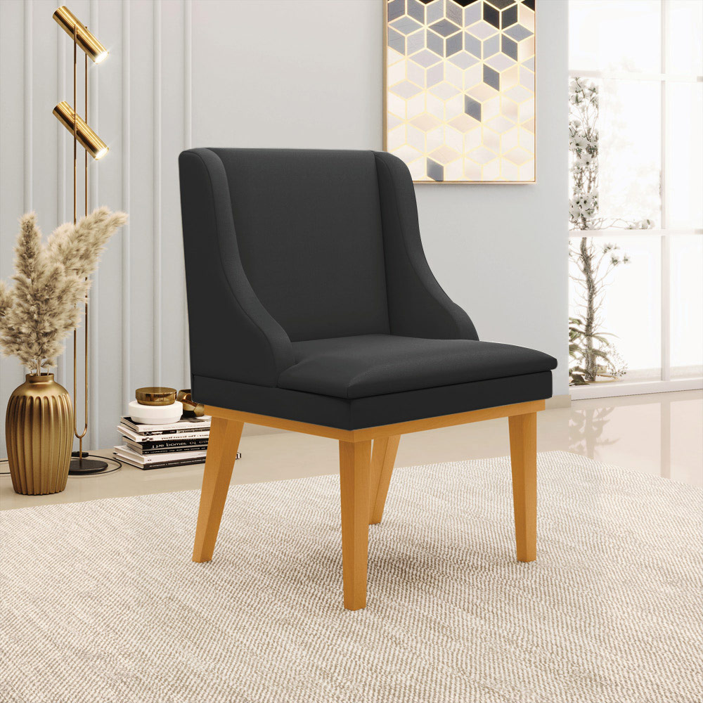 Kit 2 Cadeiras Decorativas Sala de Jantar Base Fixa de Madeira Firenze PU Preto Fosco/Castanho G19 - Gran Belo