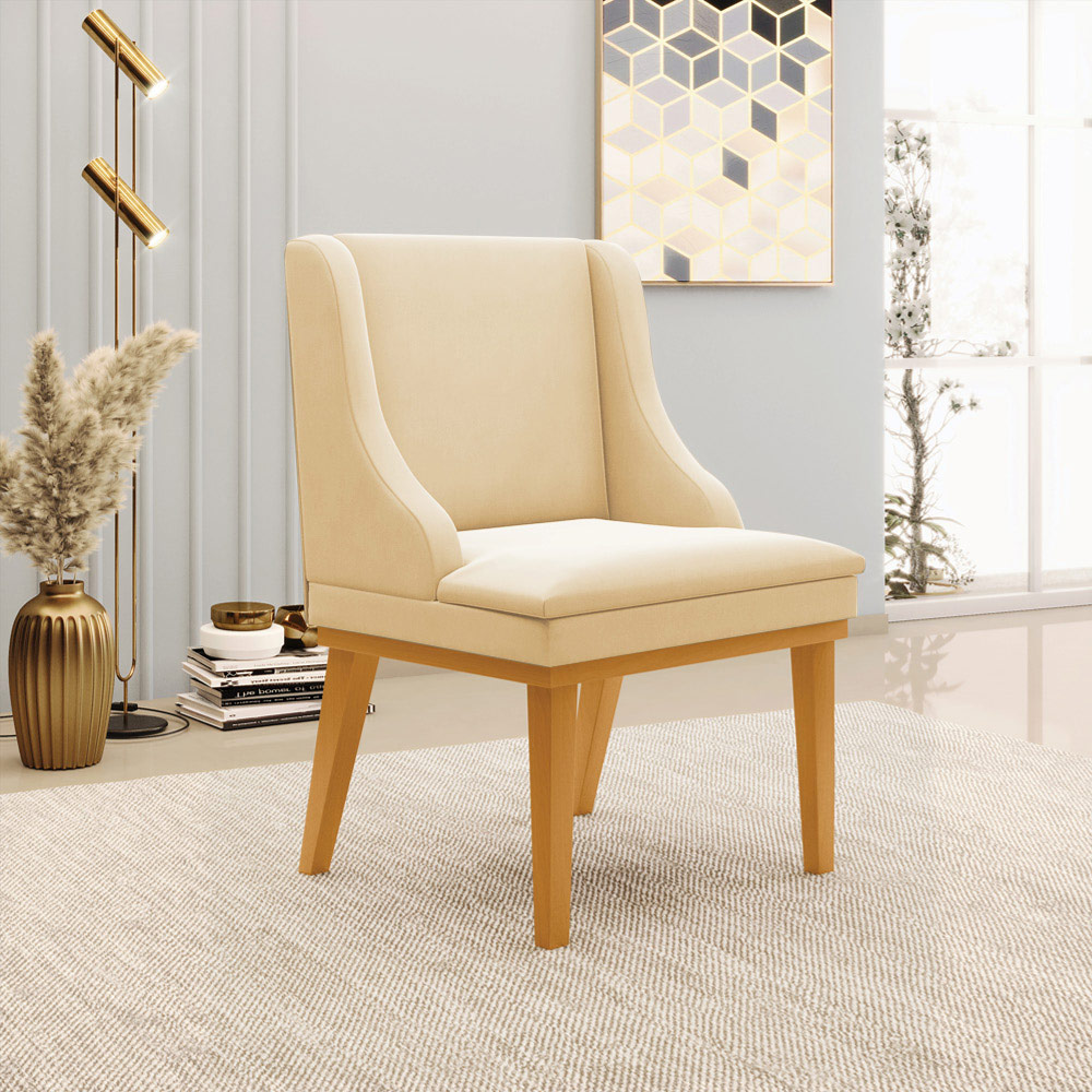 Kit 2 Cadeiras Decorativas Sala de Jantar Base Fixa de Madeira Firenze Suede Bege/Castanho G19 - Gran Belo