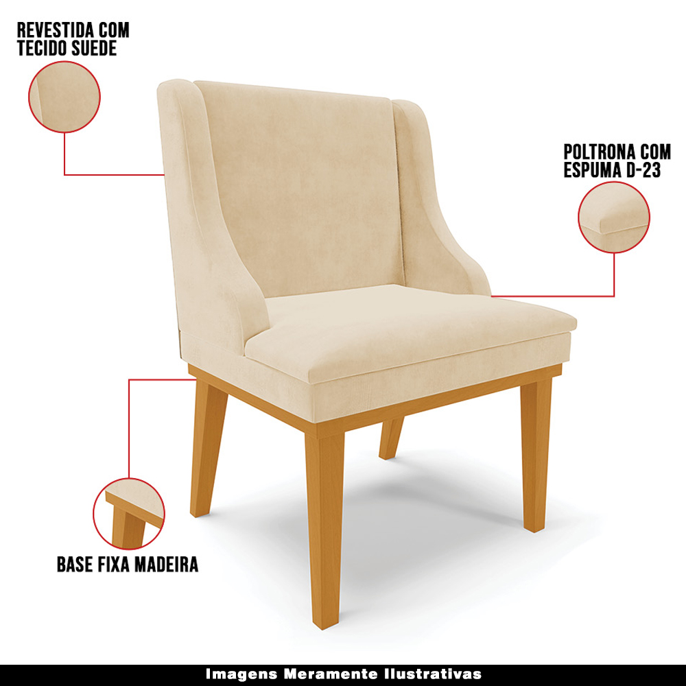 Kit 2 Cadeiras Decorativas Sala de Jantar Base Fixa de Madeira Firenze Suede Bege/Castanho G19 - Gran Belo