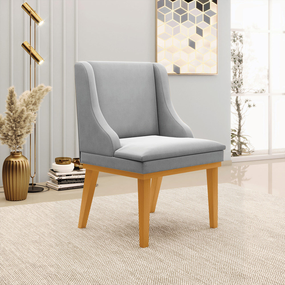 Kit 2 Cadeiras Decorativas Sala de Jantar Base Fixa de Madeira Firenze Suede Cinza/Castanho G19 - Gran Belo