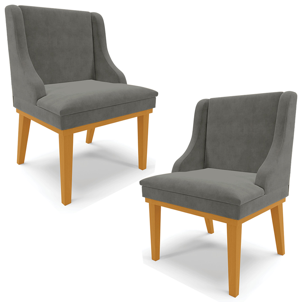 Kit 2 Cadeiras Decorativas Sala de Jantar Base Fixa de Madeira Firenze Suede Grafite/Castanho G19 - Gran Belo