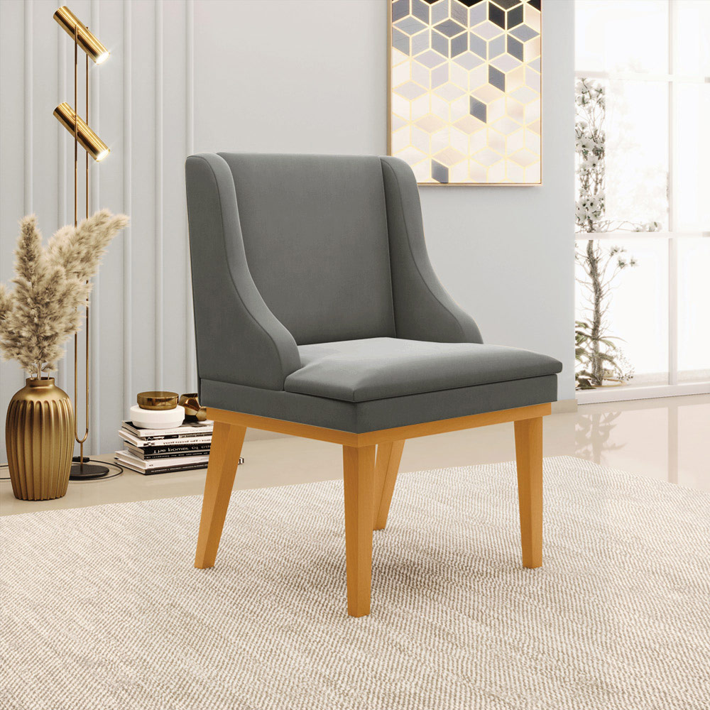 Kit 2 Cadeiras Decorativas Sala de Jantar Base Fixa de Madeira Firenze Suede Grafite/Castanho G19 - Gran Belo