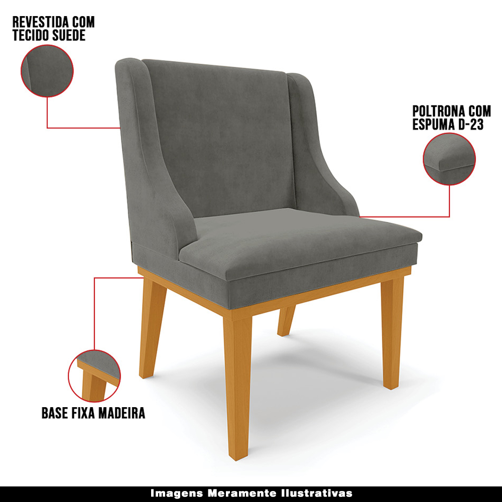 Kit 2 Cadeiras Decorativas Sala de Jantar Base Fixa de Madeira Firenze Suede Grafite/Castanho G19 - Gran Belo