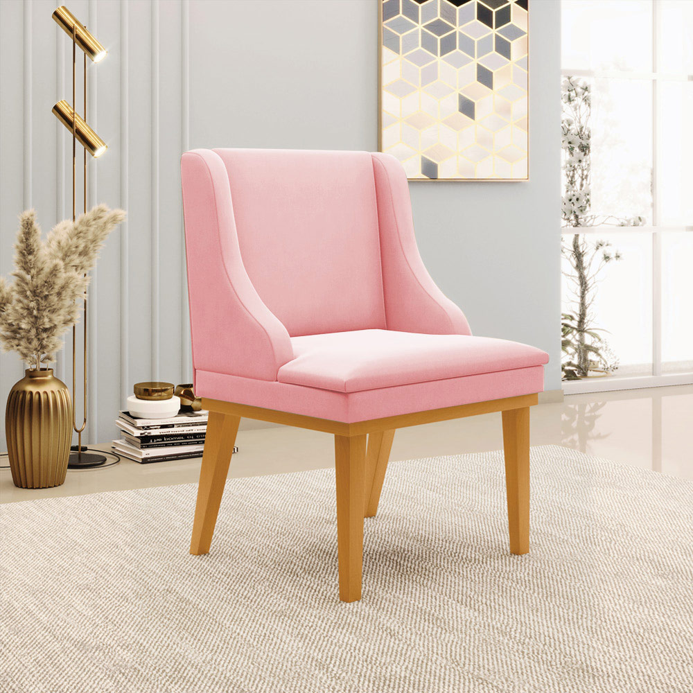 Kit 2 Cadeiras Decorativas Sala de Jantar Base Fixa de Madeira Firenze Suede Rosa Bebê/Castanho G19 - Gran Belo