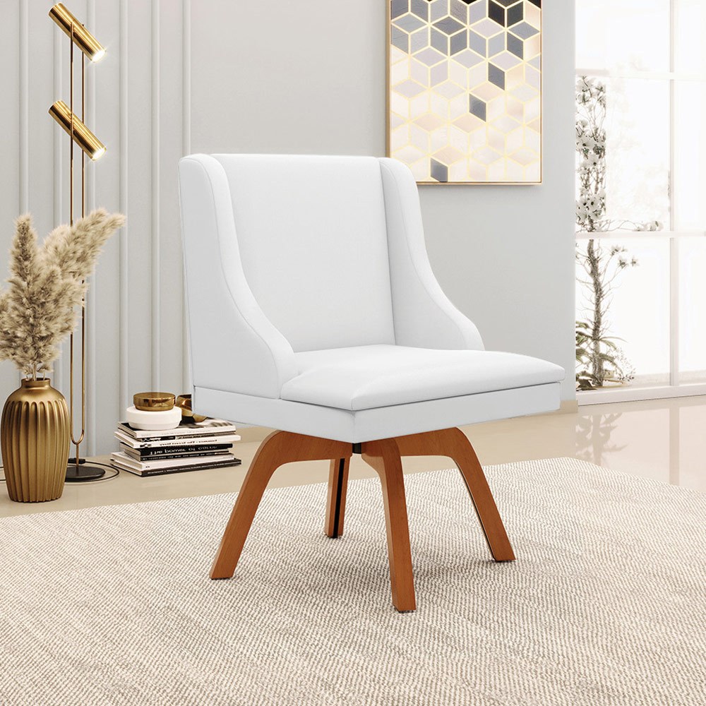Kit 2 Cadeiras Decorativas Sala de Jantar Base Giratória de Madeira Firenze PU Branco Fosco/Natural G19 - Gran Belo