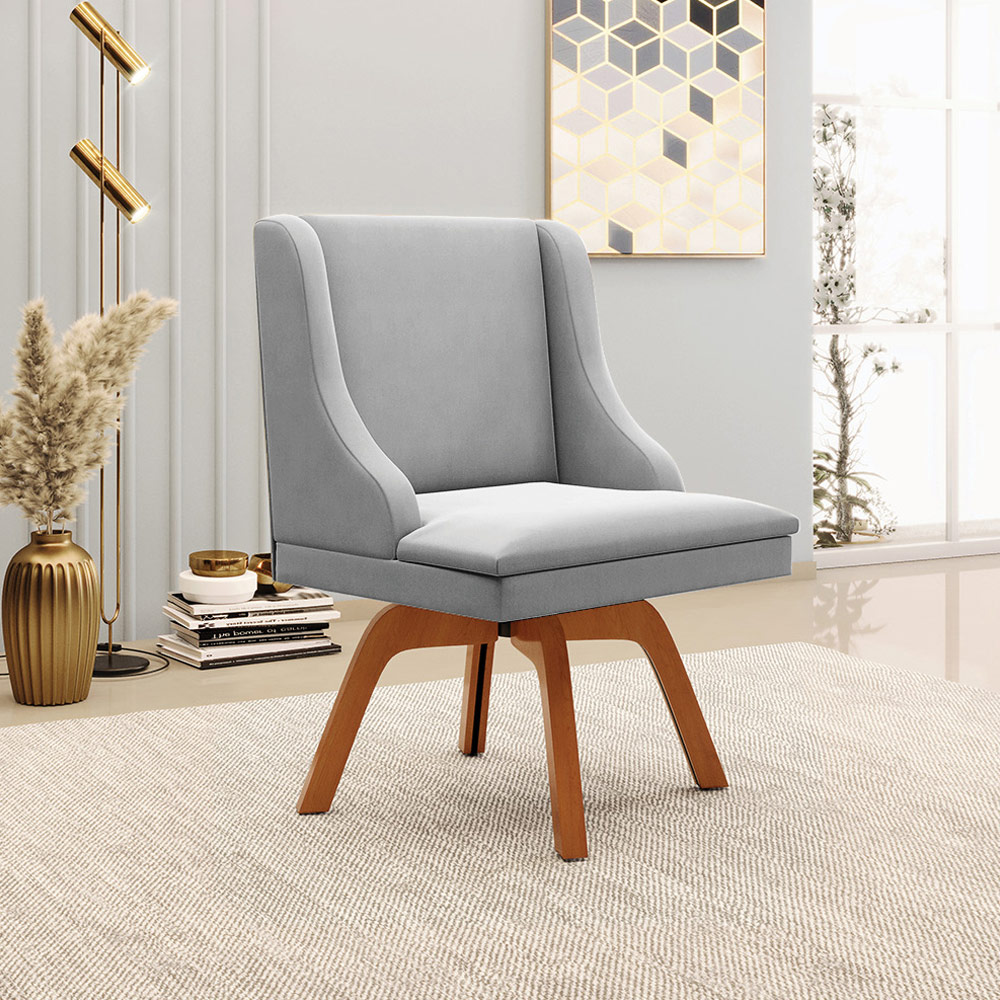 Kit 2 Cadeiras Decorativas Sala de Jantar Base Giratória de Madeira Firenze Suede Cinza/Natural G19 - Gran Belo