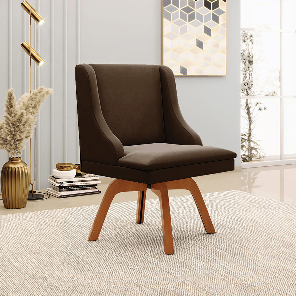 Kit 2 Cadeiras Decorativas Sala de Jantar Base Giratória de Madeira Firenze Suede Marrom/Natural G19 - Gran Belo