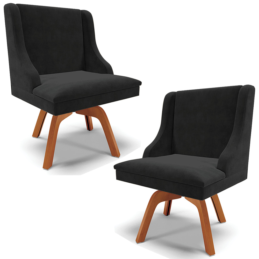 Kit 2 Cadeiras Decorativas Sala de Jantar Base Giratória de Madeira Firenze Suede Preto/Natural G19 - Gran Belo
