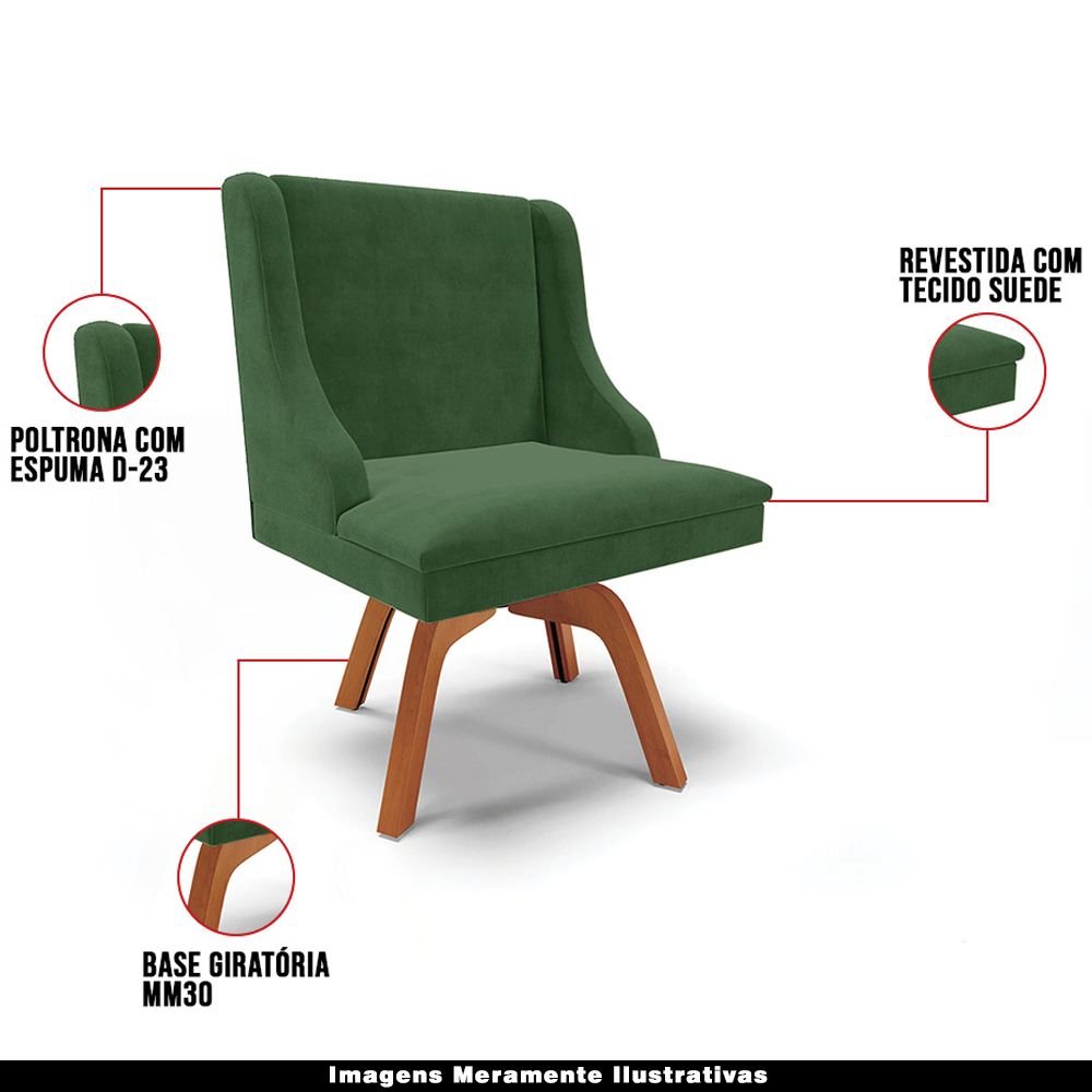 Kit 2 Cadeiras Decorativas Sala de Jantar Base Giratória de Madeira Firenze Suede Verde Esmeralda/Natural G19 - Gran Belo