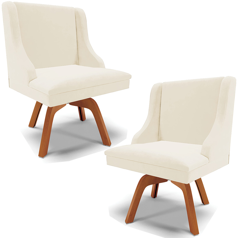 Kit 2 Cadeiras Decorativas Sala de Jantar Base Giratória de Madeira Firenze Veludo Bege/Natural G19 - Gran Belo