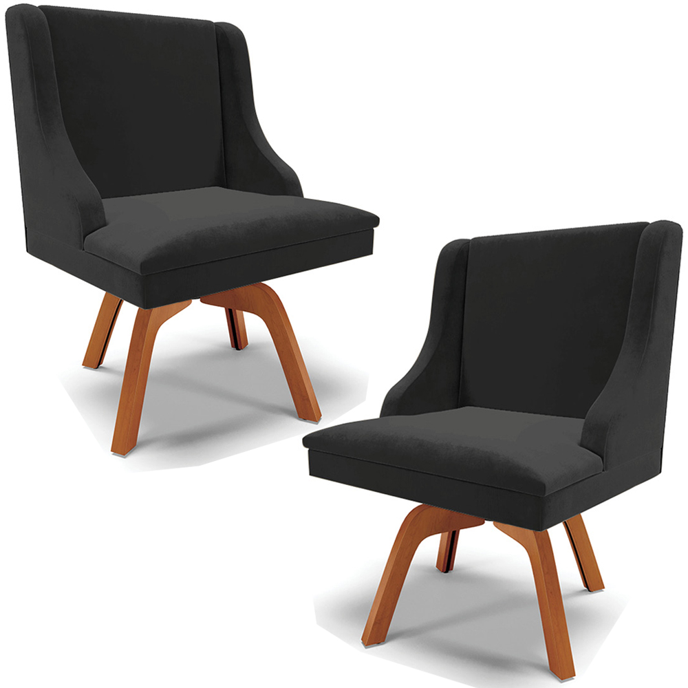 Kit 2 Cadeiras Decorativas Sala de Jantar Base Giratória de Madeira Firenze Veludo Preto/Natural G19 - Gran Belo