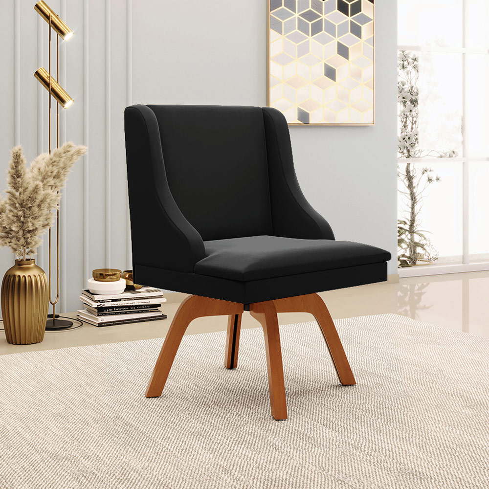 Kit 2 Cadeiras Decorativas Sala de Jantar Base Giratória de Madeira Firenze Veludo Preto/Natural G19 - Gran Belo