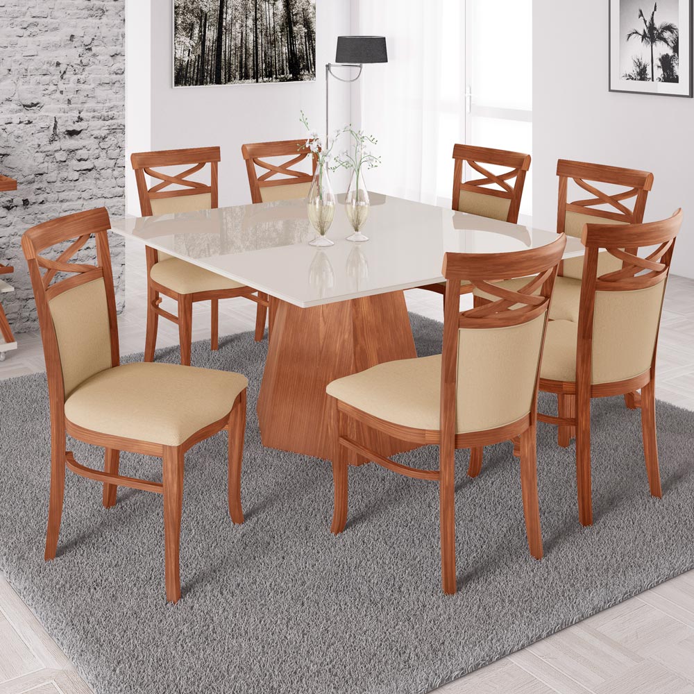 Kit 2 Cadeiras Decorativas Sala de Jantar Minos Madeira Maciça com Puxador Poliéster Creme G42 - Gran Belo