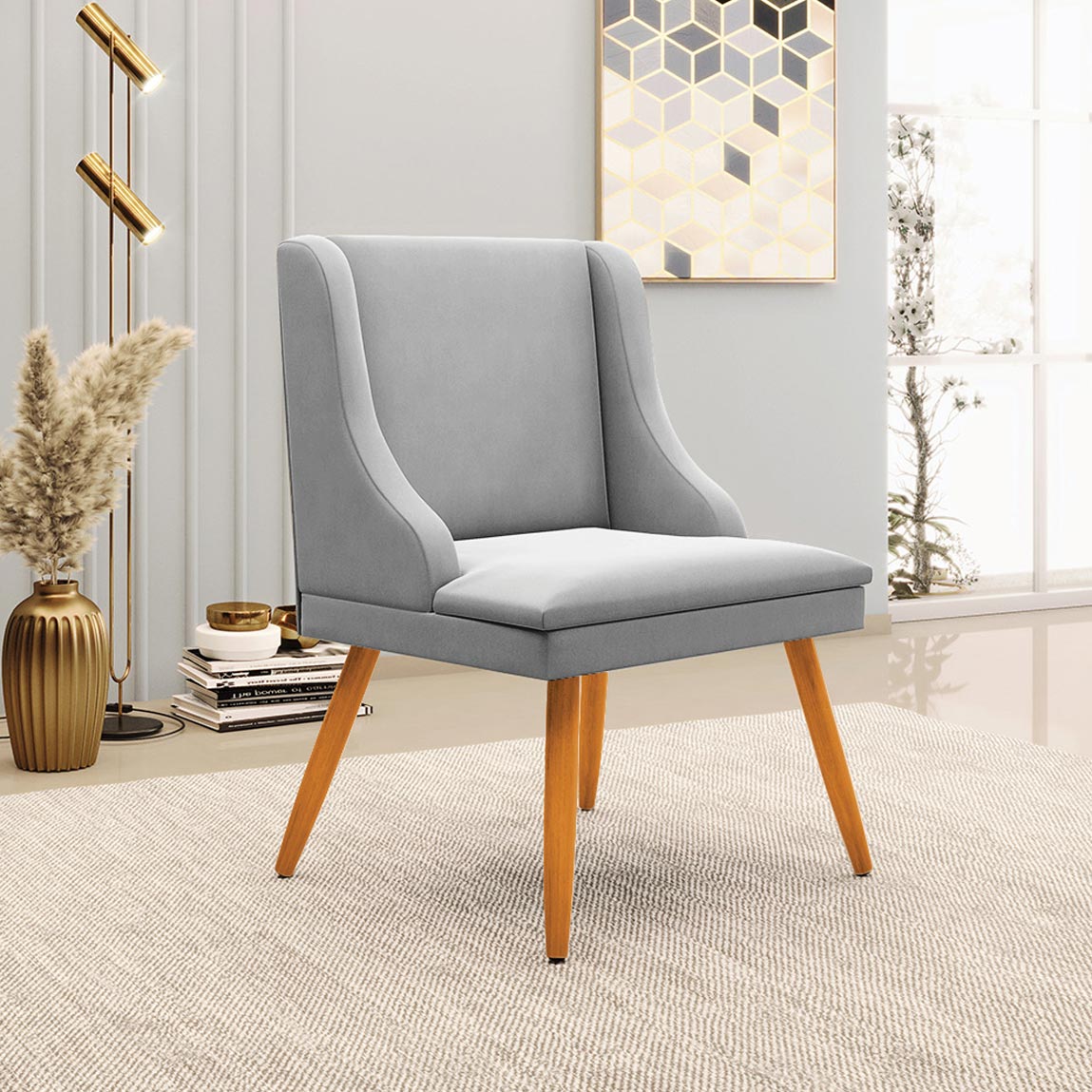 Kit 2 Cadeiras Decorativas Sala de Jantar Pés Palito de Madeira Firenze Suede Cinza/Natural G19 - Gran Belo