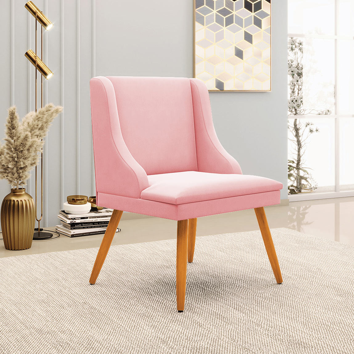 Kit 2 Cadeiras Decorativas Sala de Jantar Pés Palito de Madeira Firenze Suede Rosa Bebê/Natural G19 - Gran Belo