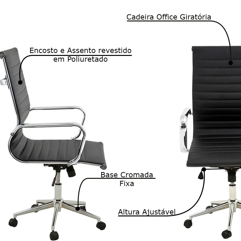Kit 2 Cadeiras Executivas Escritório Royal Baixa PU Sintético Preta - Gran Belo