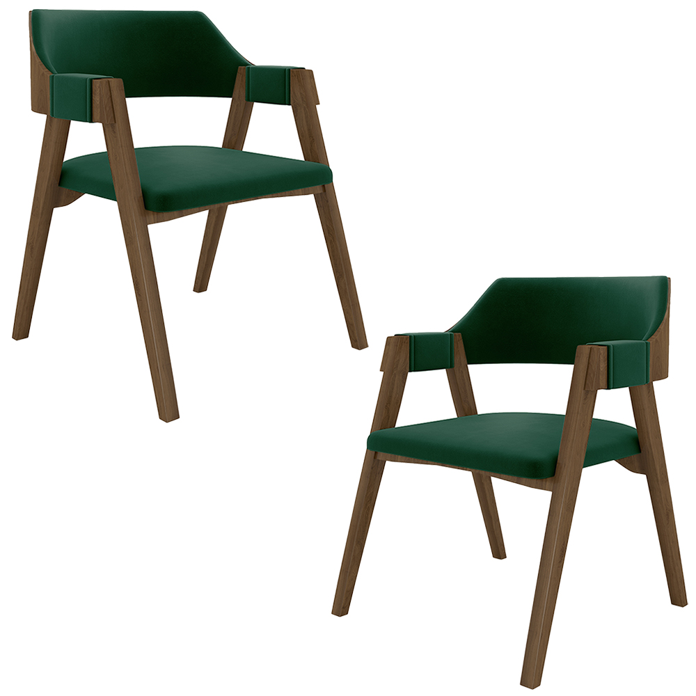 Kit 2 Cadeiras Sala de Jantar e Jogos Carteados Madeira Maciça Poker Veludo Verde/Nogueira G42 - Gran Belo