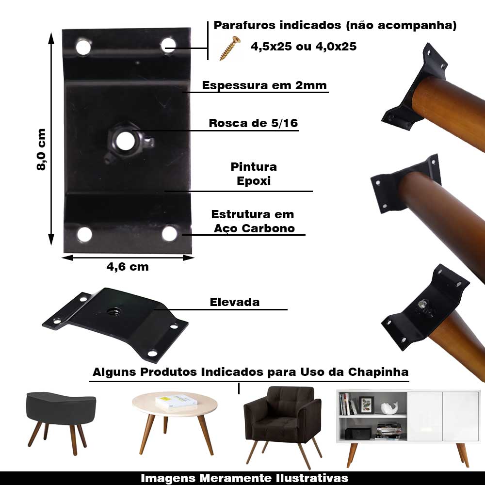 Kit 2 Chapinhas Chapa Elevada Fixação Pés Palito Rosca 5/16 Preto G59