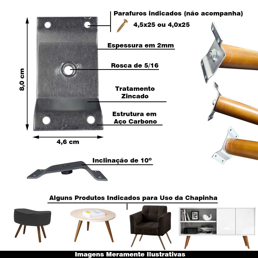 Kit 2 Chapinhas Chapa Inclinada 10º Fixação Pés Palito Rosca 5/16 Zincada G59