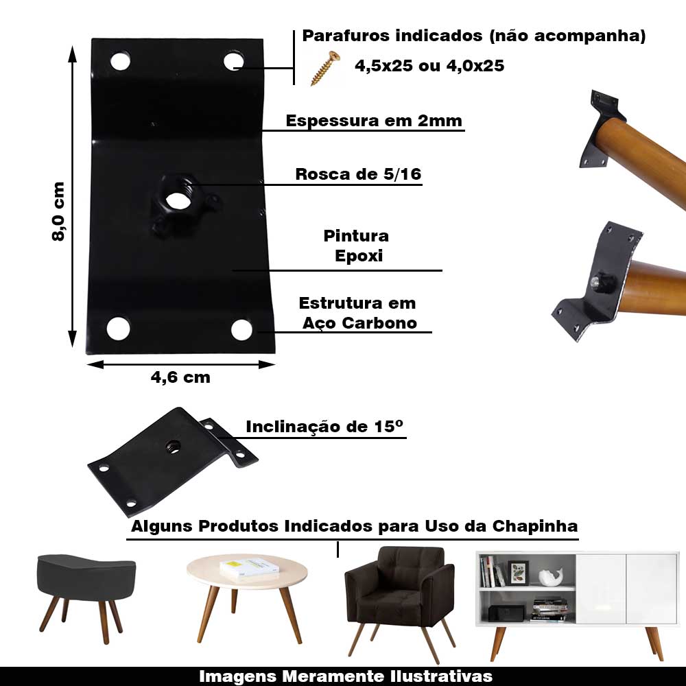 Kit 2 Chapinhas Chapa Inclinada 15º Fixação Pés Palito Rosca 5/16 Preto G59