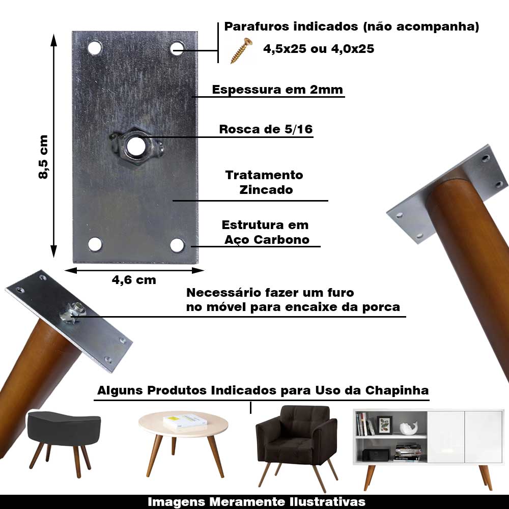 Kit 2 Chapinhas Chapa Reta Fixação Pés Palito Rosca 5/16 Zincada G59