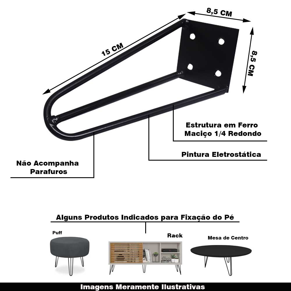 Kit 2 Pés de Metal 15 CM Hairpin Legs Mesas de Centro Puffs Preto G41
