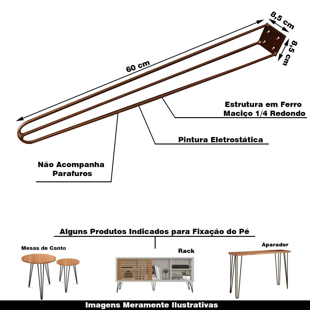 Kit 2 Pés de Metal 60 CM Hairpin Legs Mesa de Canto Aparador Bronze G41