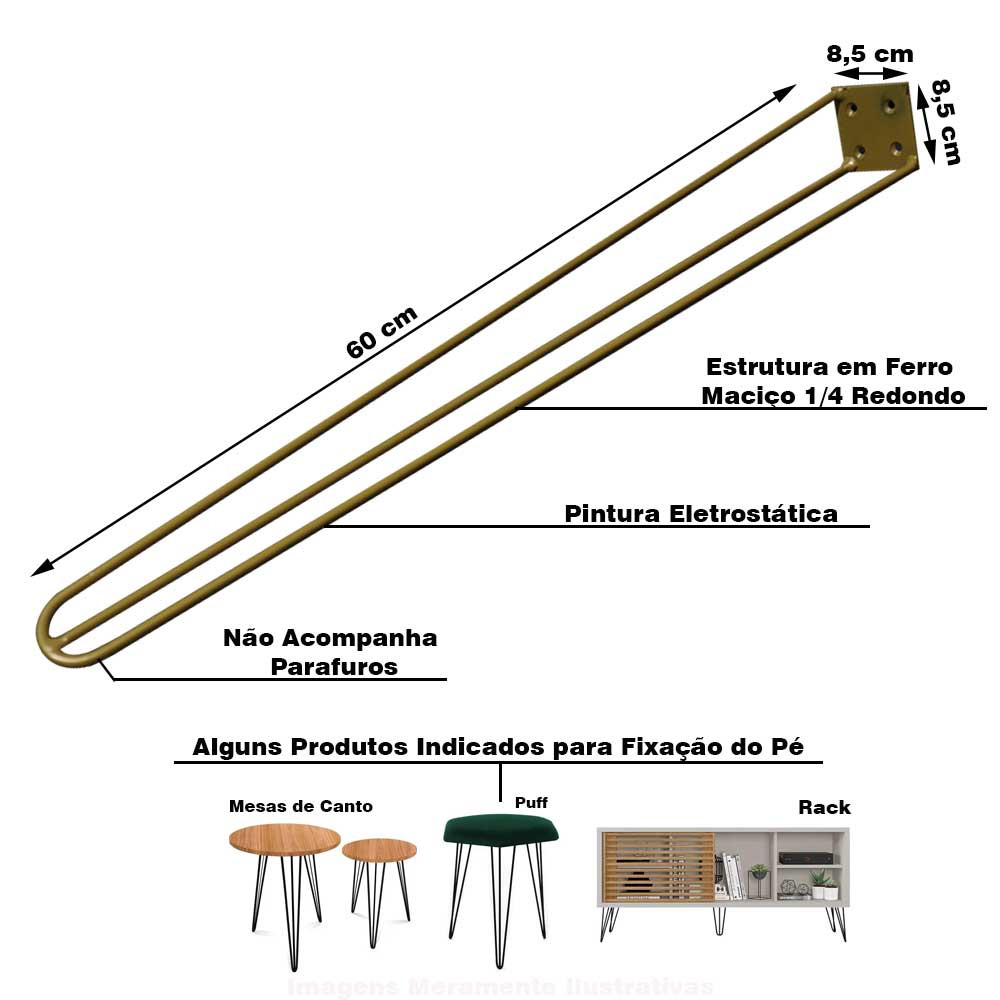 Kit 2 Pés de Metal 60 CM Hairpin Legs Mesa de Canto Aparador Dourado G41
