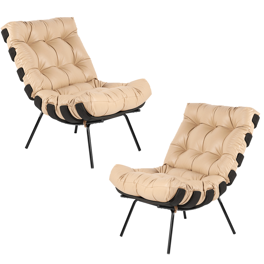 Kit 2 Poltrona Decorativa Sala de Estar Costela Base Preta Couro Bege G34 - Gran Belo