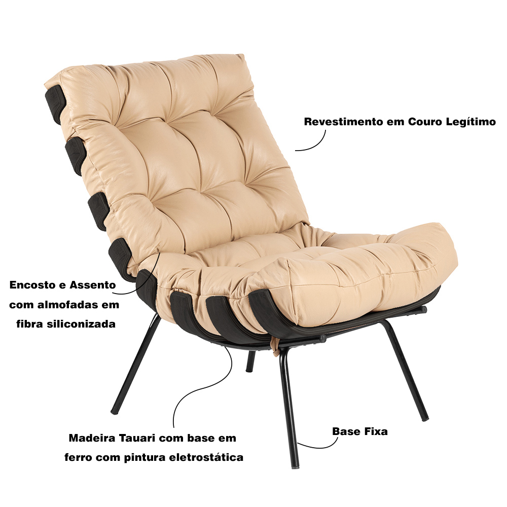 Kit 2 Poltrona Decorativa Sala de Estar Costela Base Preta Couro Bege G34 - Gran Belo
