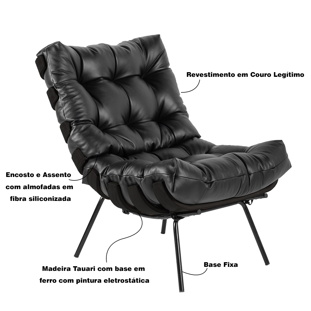 Kit 2 Poltrona Decorativa Sala de Estar Costela Base Preta Couro Preto G34 - Gran Belo