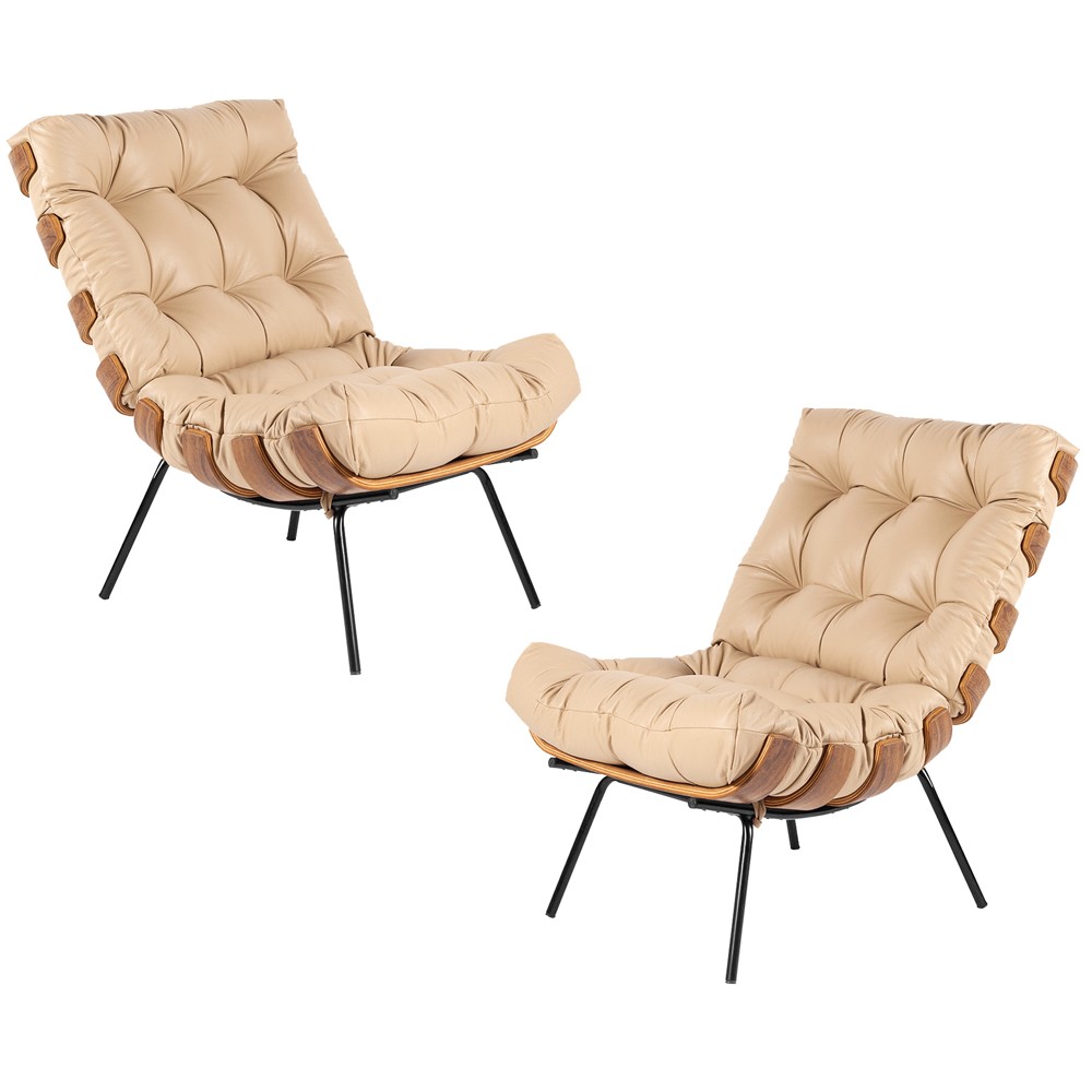 Kit 2 Poltrona Decorativa Sala de Estar Costela Couro Bege G34 - Gran Belo