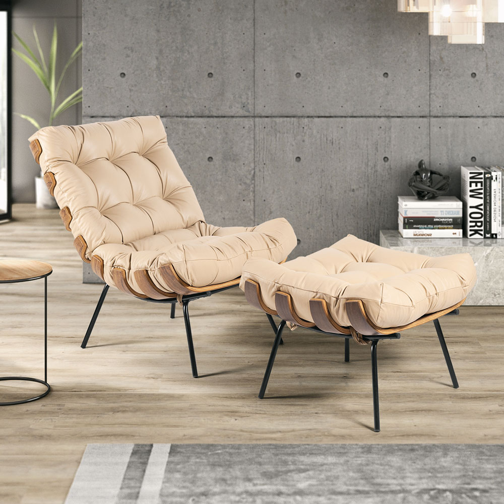 Kit 2 Poltrona Decorativa Sala de Estar Costela Couro Bege G34 - Gran Belo