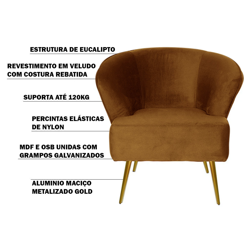 Kit 2 Poltrona Decorativa Sala de Estar Lucca Veludo Telha G15 - Gran Belo