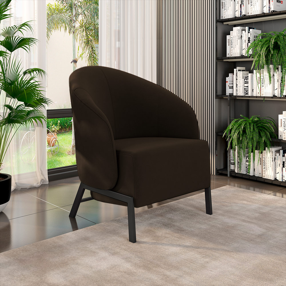 Kit 2 Poltronas Decorativa Sala de Estar Kenya Pés em Ferro Veludo Preto/Marrom G33 - Gran Belo