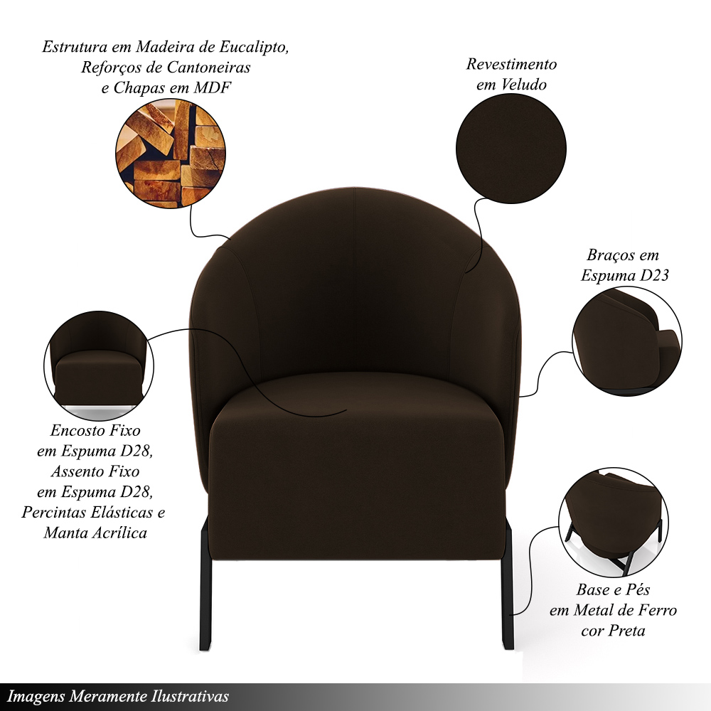Kit 2 Poltronas Decorativa Sala de Estar Kenya Pés em Ferro Veludo Preto/Marrom G33 - Gran Belo