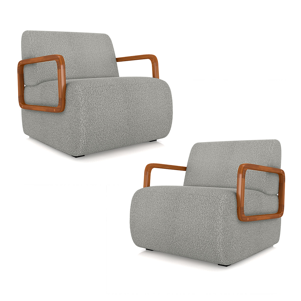 Kit 2 Poltronas Decorativa Sala de Estar Odessa Braços em Madeira Bouclê Cinza G33 - Gran Belo