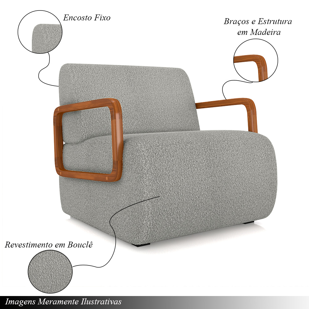 Kit 2 Poltronas Decorativa Sala de Estar Odessa Braços em Madeira Bouclê Cinza G33 - Gran Belo