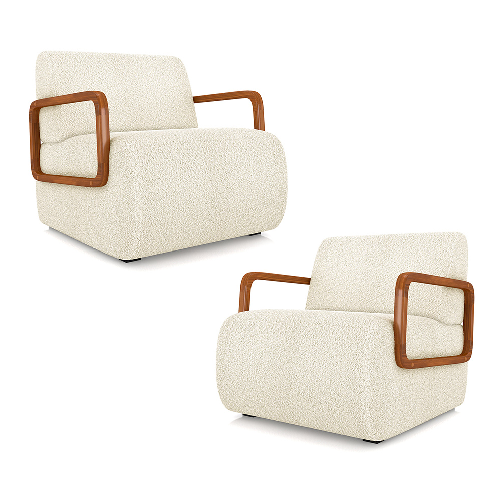 Kit 2 Poltronas Decorativa Sala de Estar Odessa Braços em Madeira Bouclê Off White G33 - Gran Belo