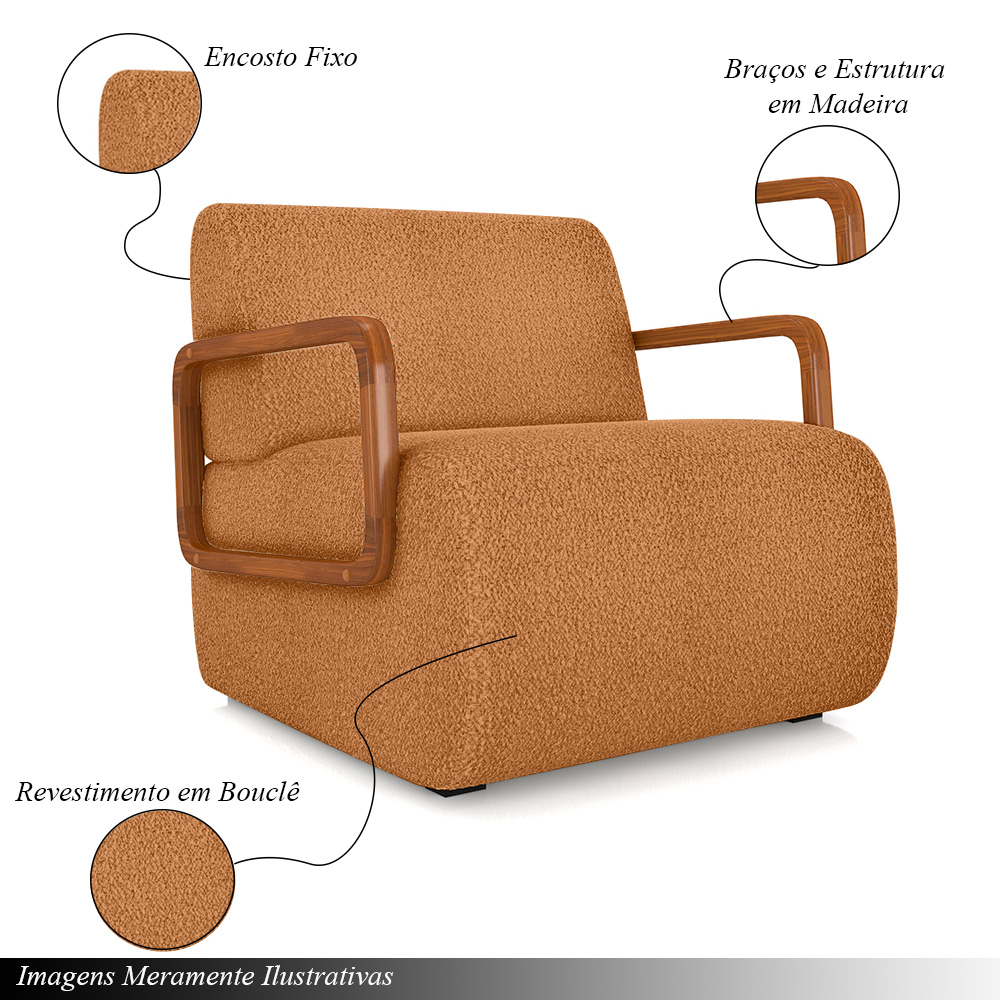 Kit 2 Poltronas Decorativa Sala de Estar Odessa Braços em Madeira Bouclê Terracota G33 - Gran Belo