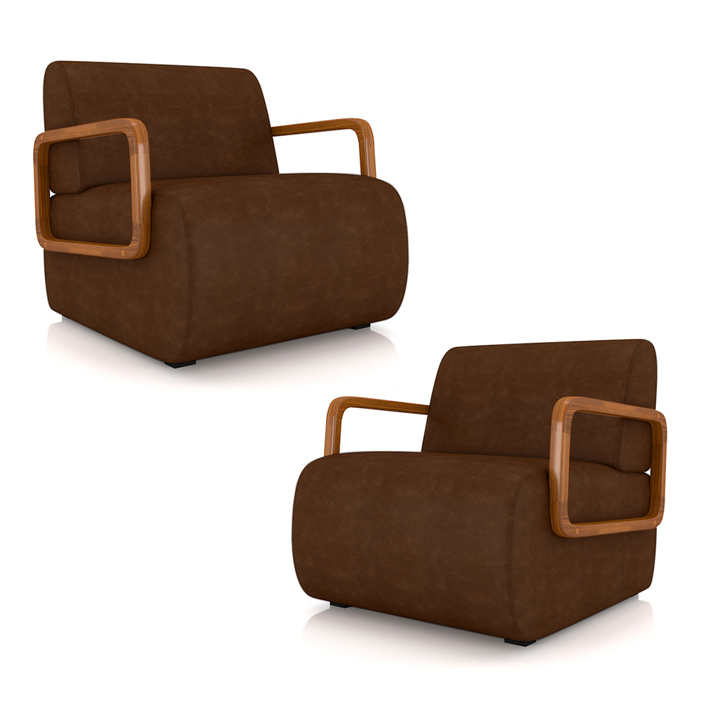 Kit 2 Poltronas Decorativa Sala de Estar Odessa Braços em Madeira PU Marrom G33 - Gran Belo