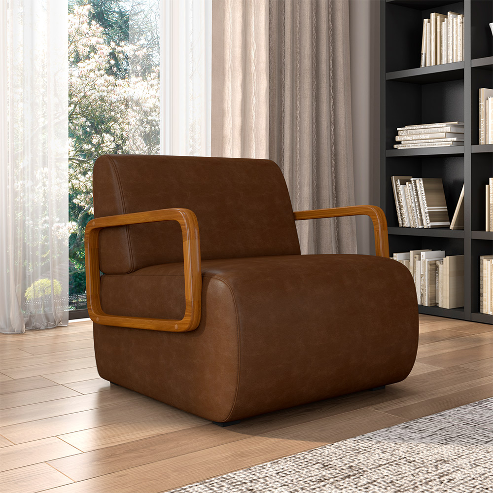 Kit 2 Poltronas Decorativa Sala de Estar Odessa Braços em Madeira PU Marrom G33 - Gran Belo
