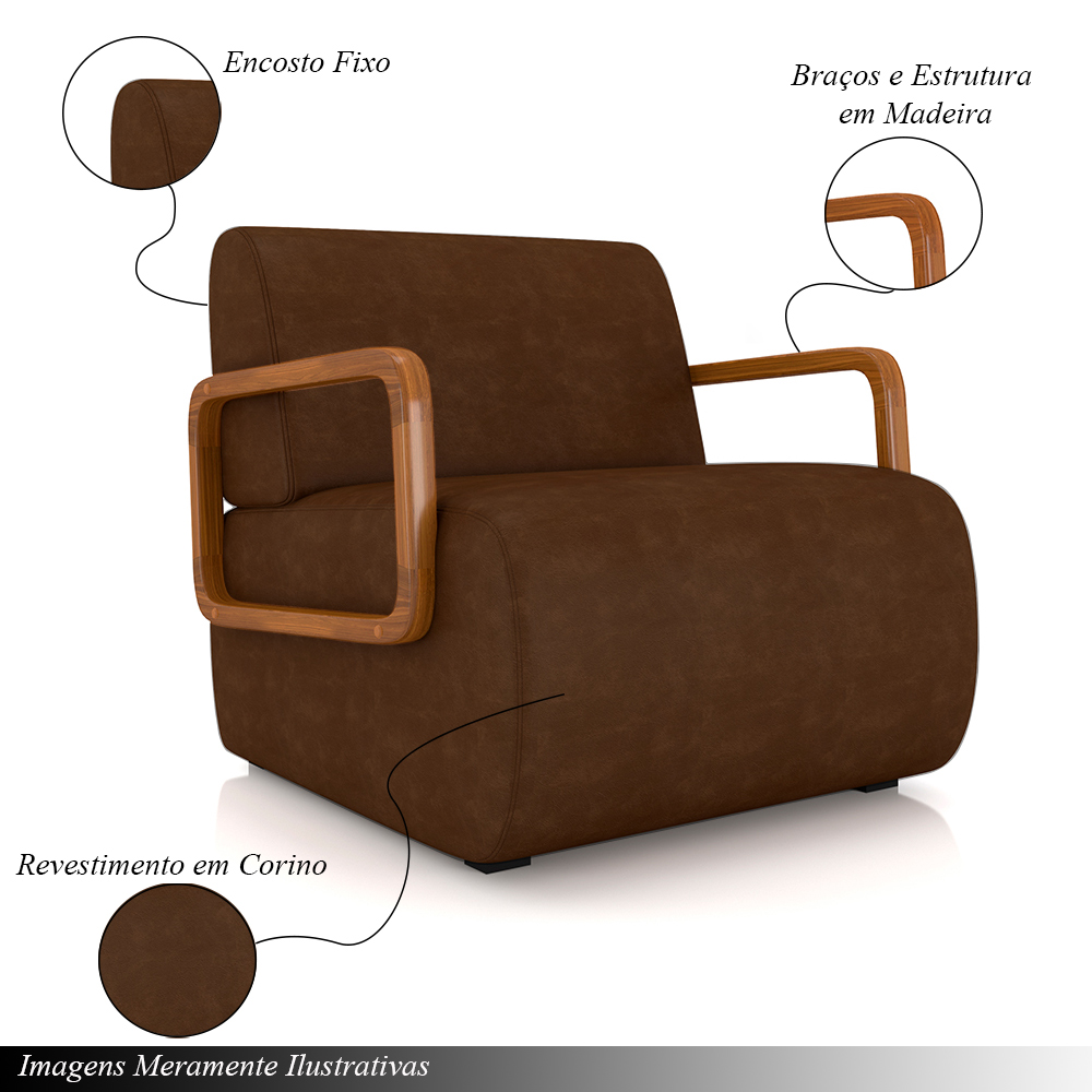 Kit 2 Poltronas Decorativa Sala de Estar Odessa Braços em Madeira PU Marrom G33 - Gran Belo