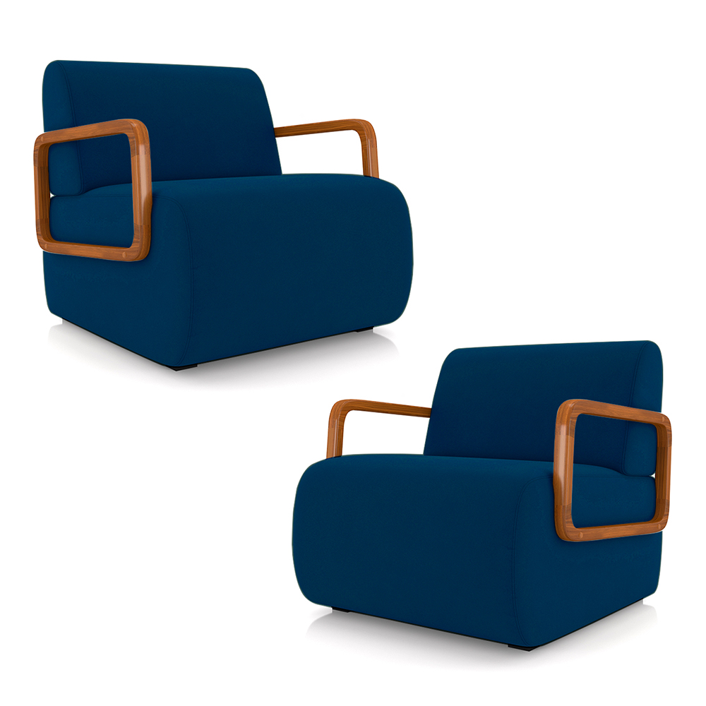 Kit 2 Poltronas Decorativa Sala de Estar Odessa Braços em Madeira Veludo Azul G33 - Gran Belo