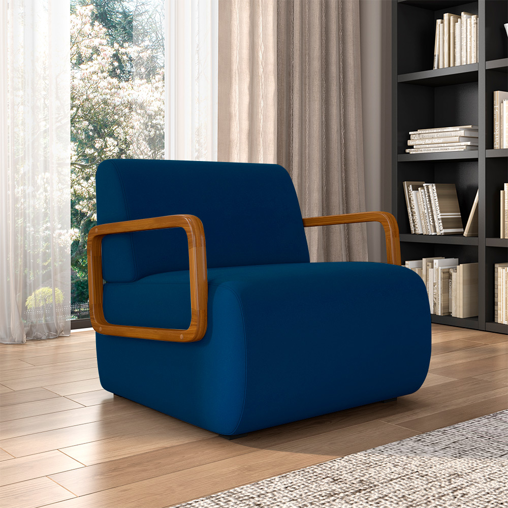Kit 2 Poltronas Decorativa Sala de Estar Odessa Braços em Madeira Veludo Azul G33 - Gran Belo