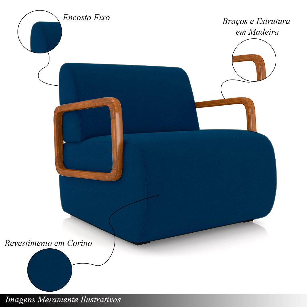 Kit 2 Poltronas Decorativa Sala de Estar Odessa Braços em Madeira Veludo Azul G33 - Gran Belo